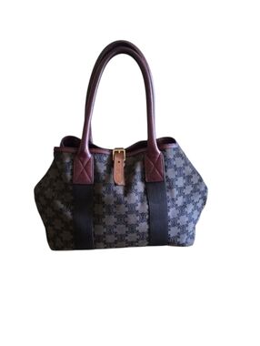 Celine Brown Vintage Monogram Canvas Tote with Burgundy Leather Trim